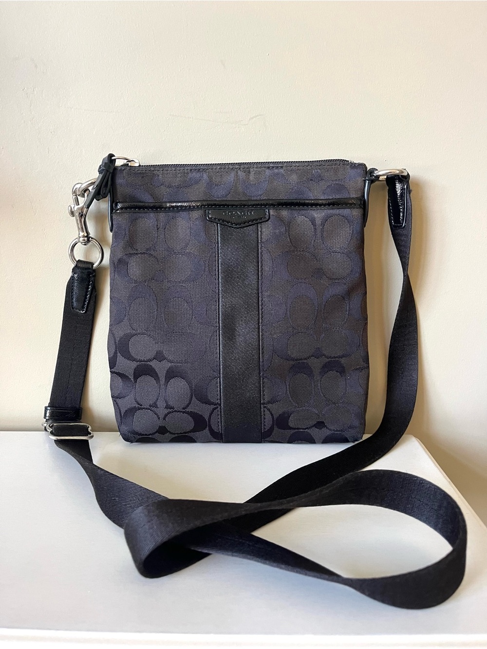 Coach Black Canvas Signature Monogram Adjustable Strap Crossbody Bag Vintage